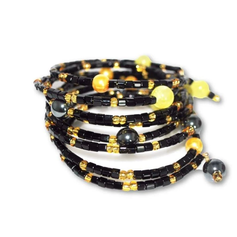 adjustable beaded bracelet for men-Black and Gold With Hematite Wrap Around Women's Bracelets