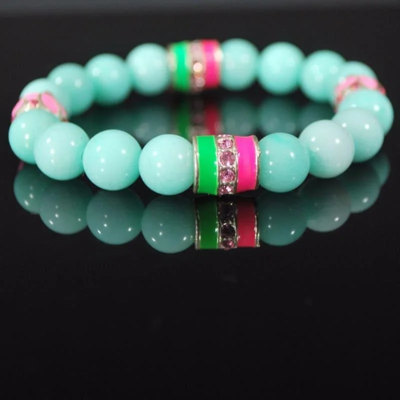 boho leather bracelet-Blue Amazonite Gemstone With Pink And Green Ascent Beaded Bracelets