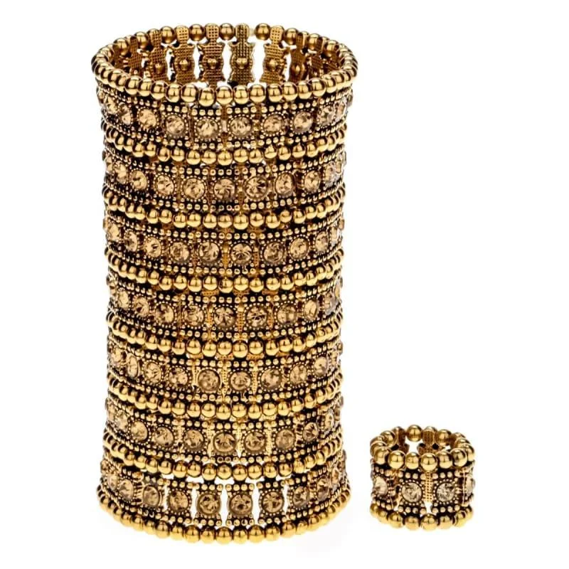 boho chic beaded bracelet-Bronze Crystal Multilayer Stretch Cuff Bracelet Ring Sets