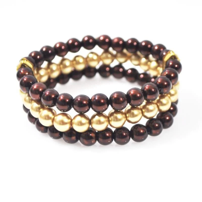 thick metal chain bracelet-Brown And Gold Multi Strand Glass Pearl Bracelets