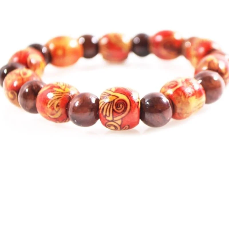 stone beaded bracelet-Dark Brown Agate Stone  And Orange Print Wood Men's Bracelets