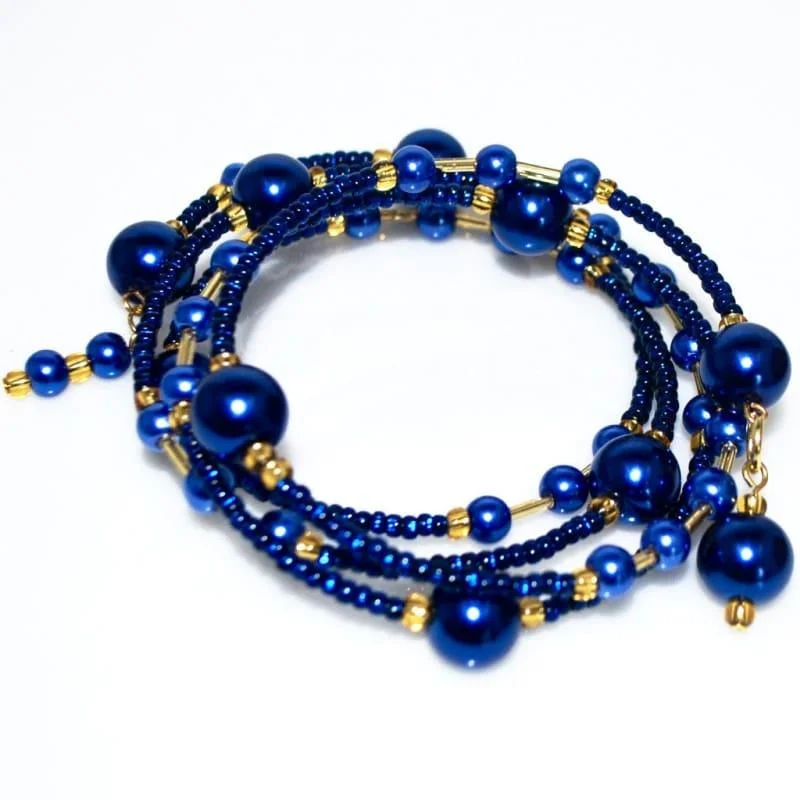 multi-strand leather bracelet-Elegant Blue Glass Pearls / Sapphire And Gold Ascent Wrap Around Bracelets