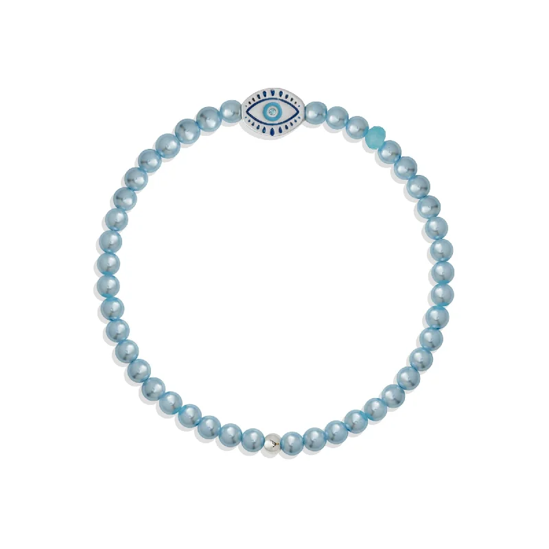 silver clasp bracelet-Evil Eye Light Blue Crystal Pearl Stretch Bracelet