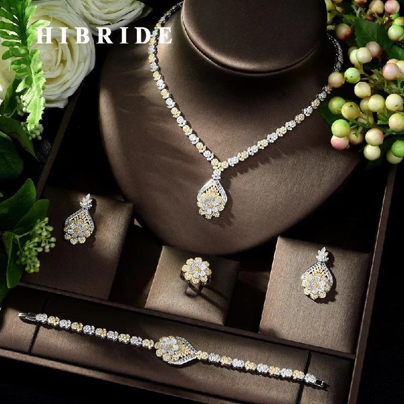 engraved friendship bracelet-Gold Plated Luxury Cubic Zirconia Necklace Earring Bracelet Party Jewelry Set