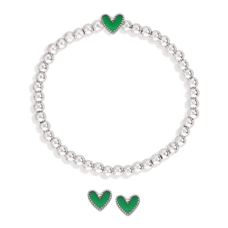 dainty gold chain bracelet-Heart Stretch Bracelet + Stud Earring Set in Green