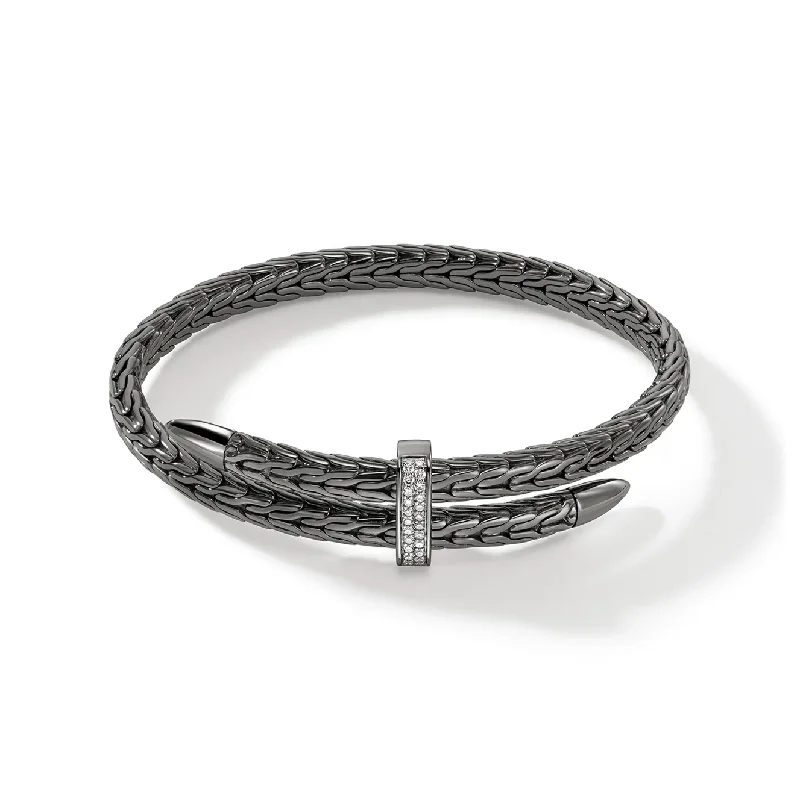 nature-inspired bracelet-John Hardy Spear Dark Sterling Silver Diamond Pave Bypass Flex Cuff