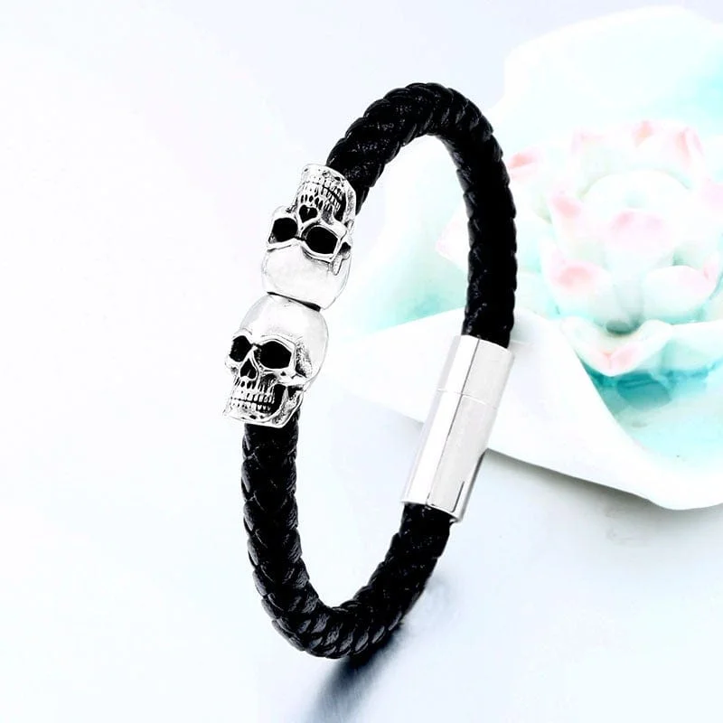 small gold bracelet-Men's Punk Skull Faux Leather Bracelet