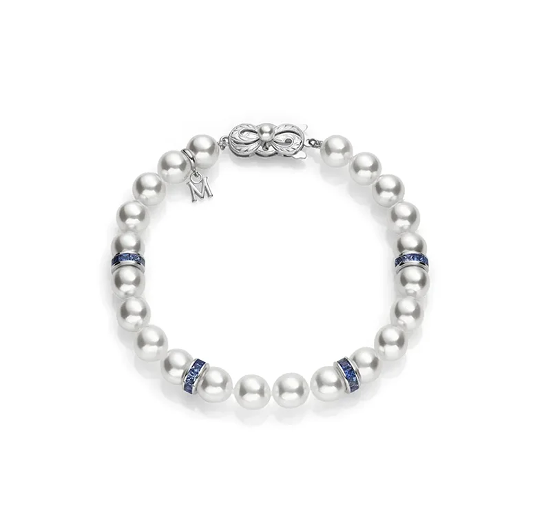 engraved silver cuff bracelet-Mikimoto Ocean White Gold Akoya Pearl and Blue Sapphire Rondelle Bracelet