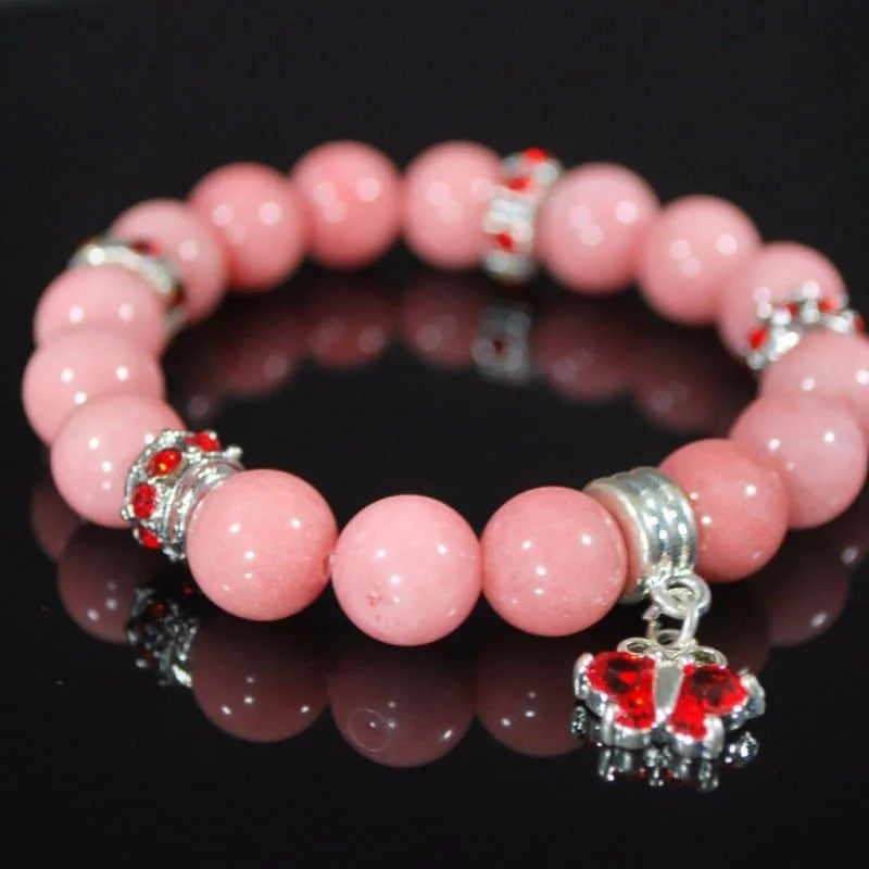 handmade charm bracelet-Morganite Pink Gemstone With Red Charm Beaded Women's Bracelets