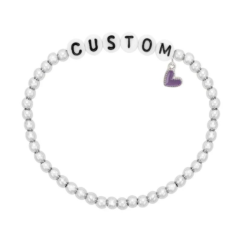 lucky charm silver bracelet-Personalized Letter Bead Stretch Bracelet with Purple Heart Charm