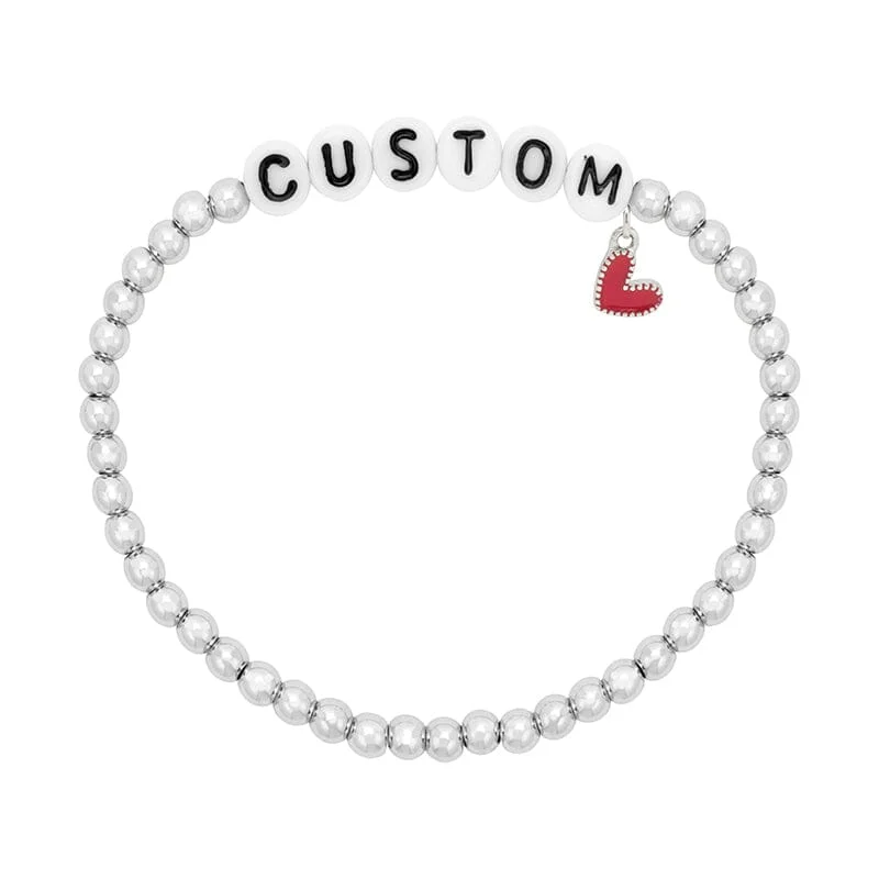 elegant silver bangle-Personalized Letter Bead Stretch Bracelet with Red Heart Charm