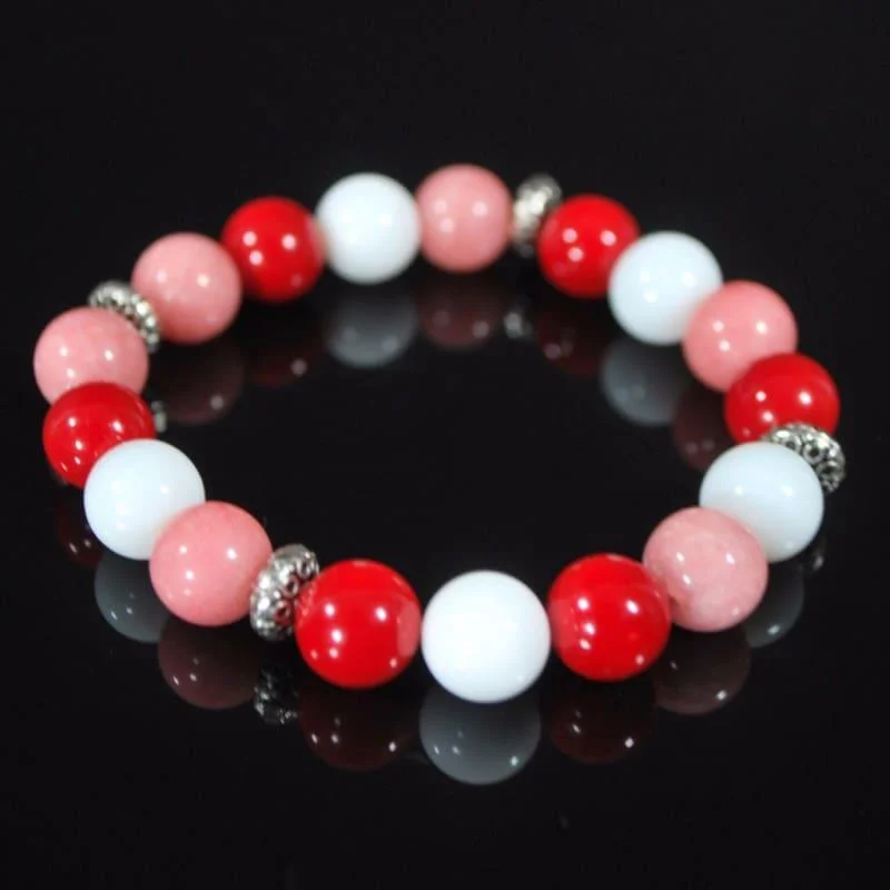 flower charm silver bracelet-Pink, Red and White  Mixed Color With Antique Silver Bracelets