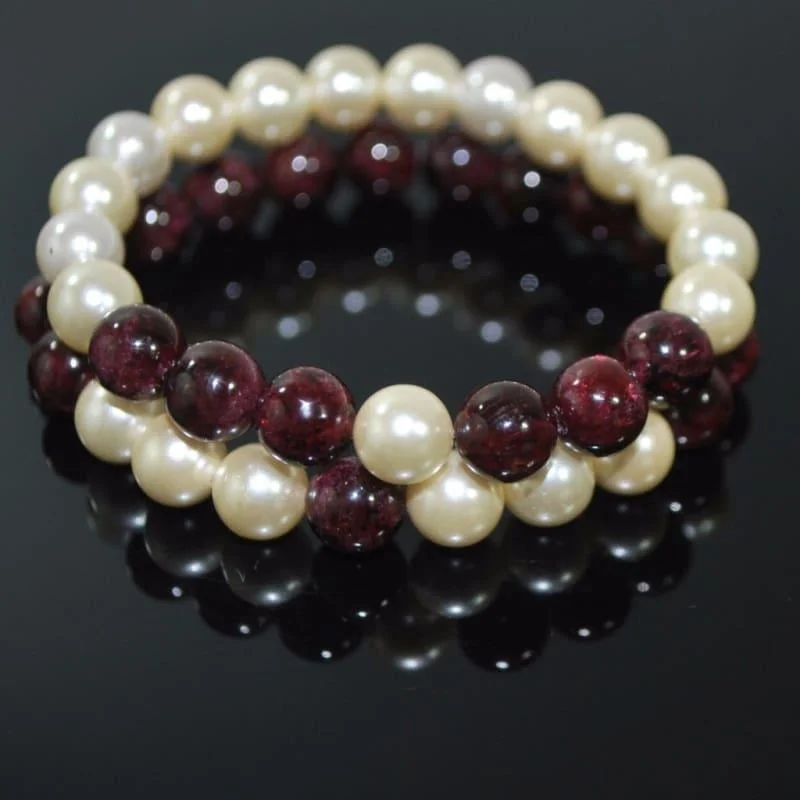 woven hemp bracelet-Red Garnett and Cream Shell Pearls Double Strands Bracelets