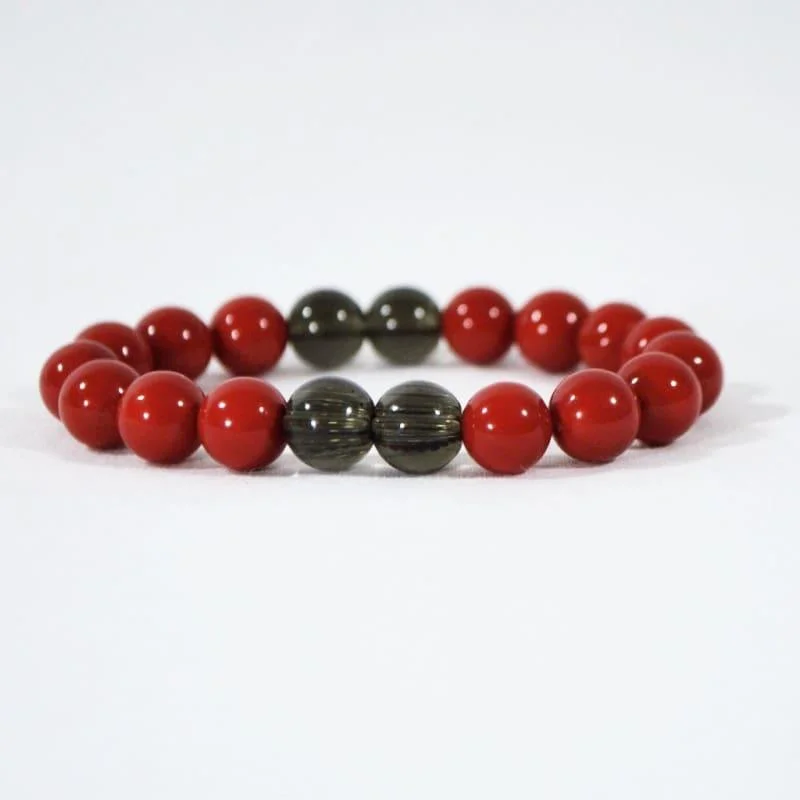 black gemstone bracelet-Red Shell with Black Quartz Beaded Bracelets