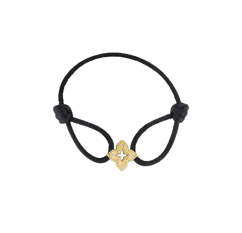 heart-shaped gold bracelet-Roberto Coin Venetian Princess Diamond Flower Black Silk Cord Bracelet