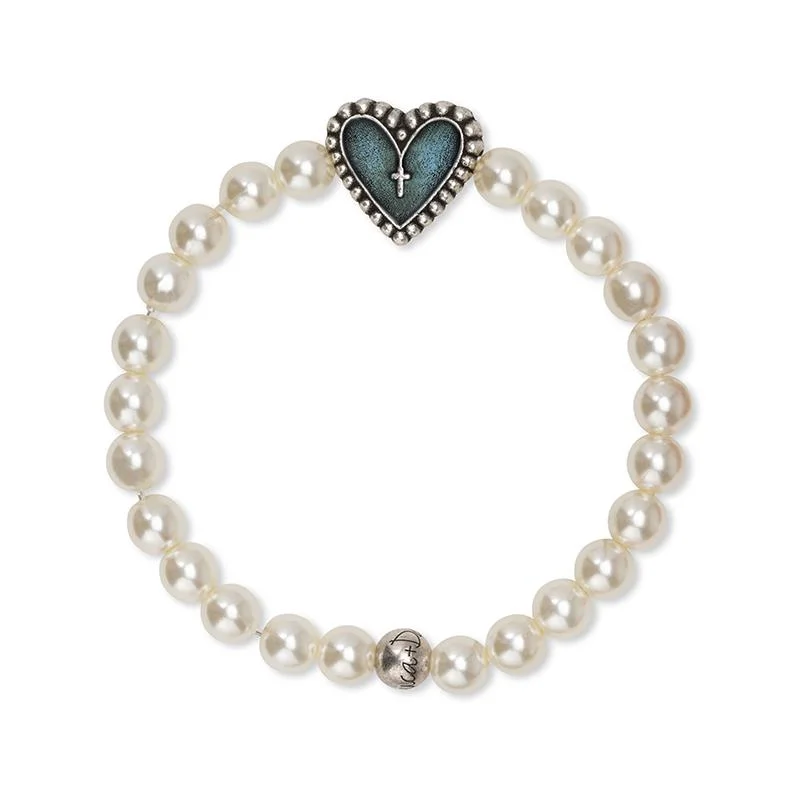 elegant gemstone bracelet-Rosary Heart Stretch Bracelet with Crystal White Pearl Beads