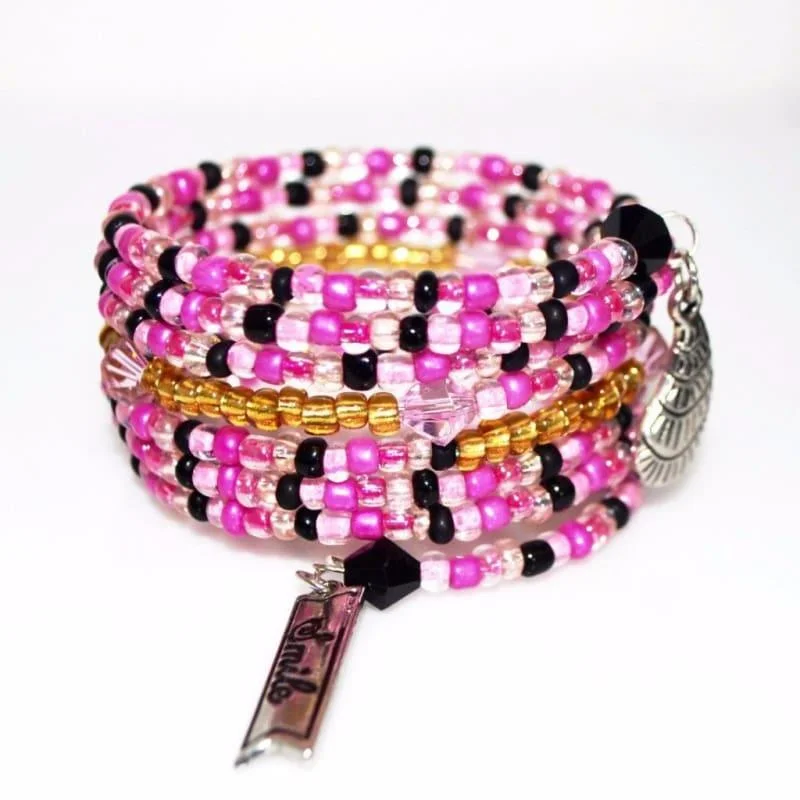 men's silver cuff bracelet-Shades Of Pink Seed Bead With Charms Wrap Around Bracelets