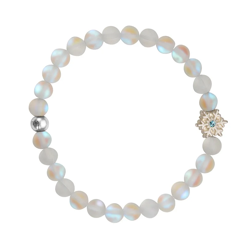 custom engraved silver bracelet-Snowflake Stretch Bracelet With Clear Quartz Beads