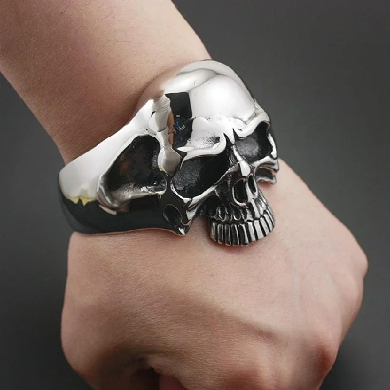 vintage charm bracelet for women-Stainless Steel Huge Heavy Skull Mens Biker Rocker Punk Bracelet