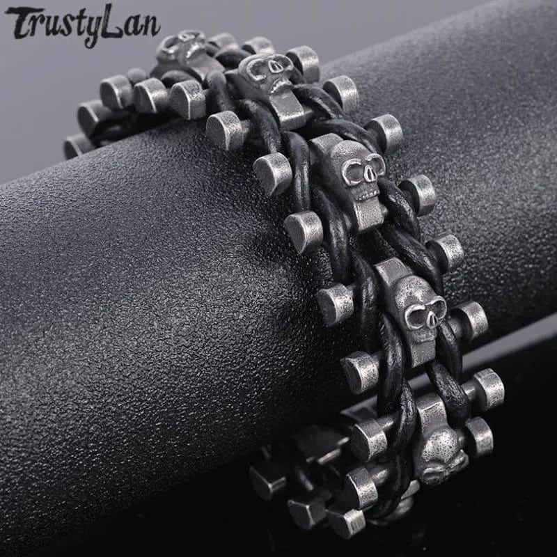 handmade stone bracelet-Stainless Steel & Leather Skull Mens Bracelet