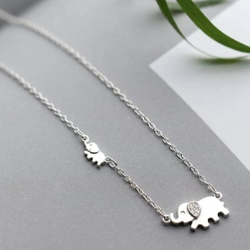 butterfly charm beaded bracelet-Sterling Silver Cute Mummy And Baby Elephant Necklace