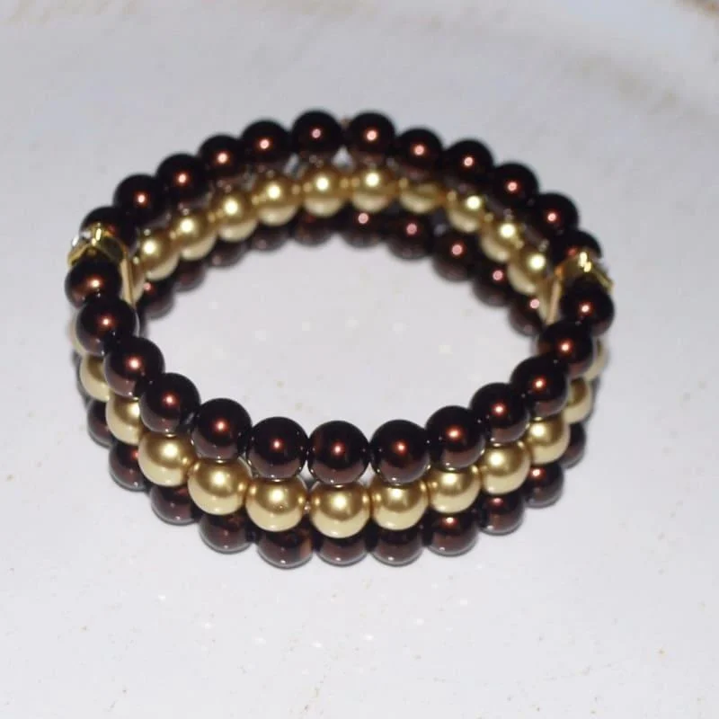 elegant gemstone bracelet-Three Strands Brown And Gold Two Toned Bracelets