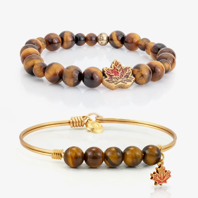 shiny rope bracelet-Tiger Eye Maple Leaf Set