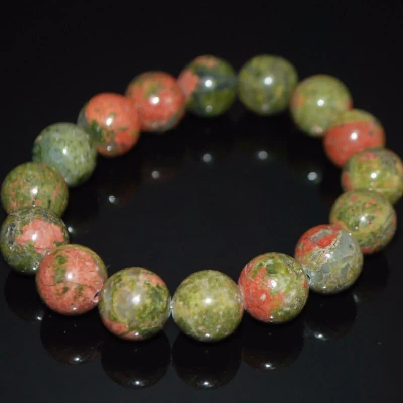 shiny silver beaded bracelet-Unakite Jasper Beaded Gemstone unisex Bracelets