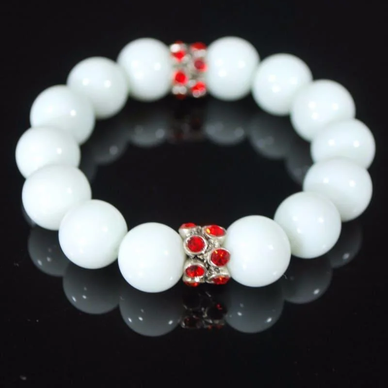 custom design charm bracelet-White Jade Gemstone With Red Rhinestone Stretch Bracelets