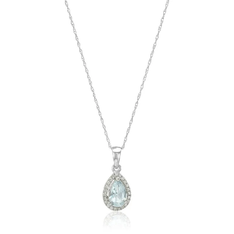 engraved circle necklace-10k White Gold Aquamarine Diamond Princess Diana Pendant Necklace 18" - Blue