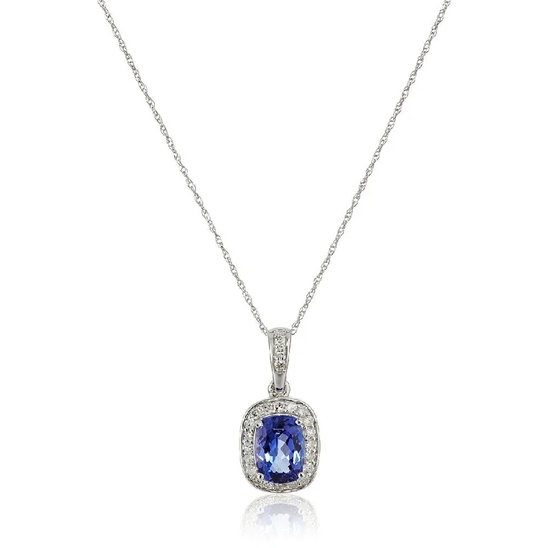 sterling silver chain pendant necklace-10k White Gold Tanzanite Cushion & Diamond Halo Solitaire Pendant, 18" - Blue