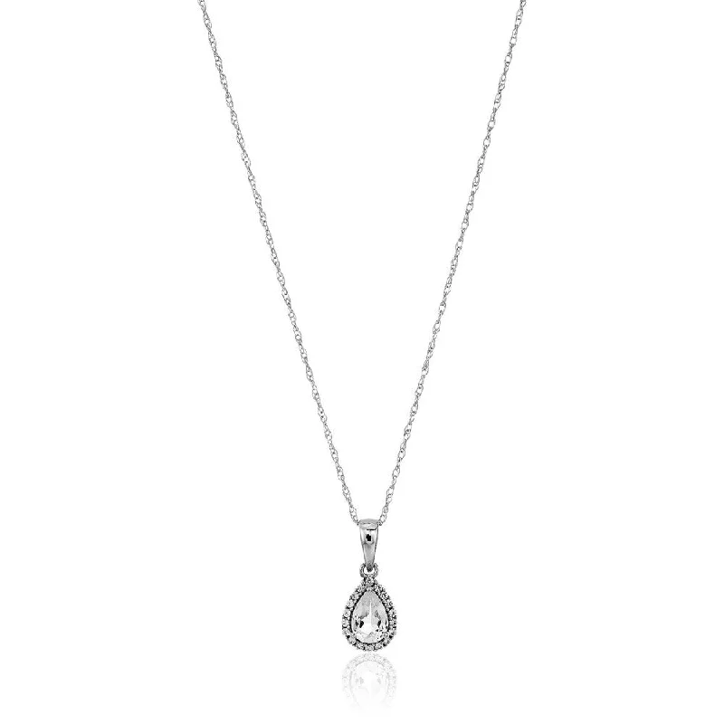 dainty chain pendant necklace-10k White Gold White Topaz and Created White Sapphire Pear Halo Pendant Necklace, 18"