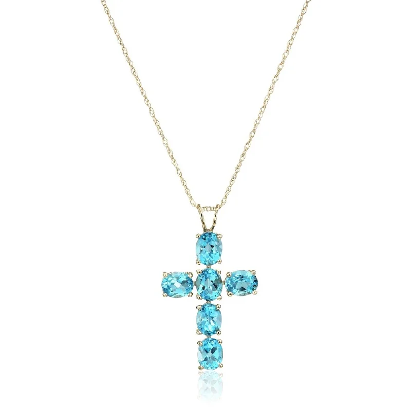 silver and gold necklace-10k Yellow Gold Swiss Blue Topaz Oval Cross Pendant Necklace, 18"