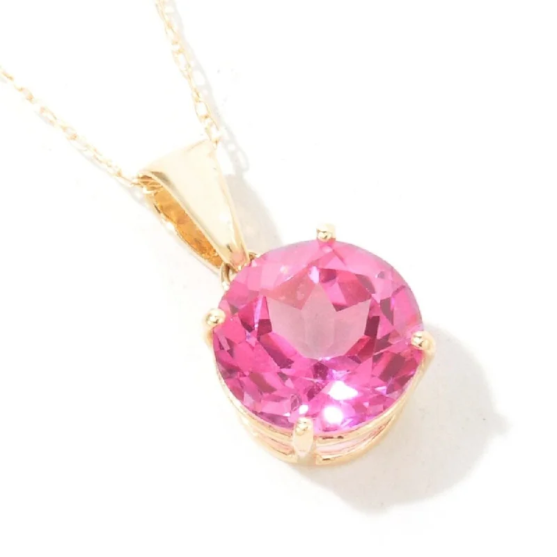 birthstone charm pendant necklace-10KT Yellow Gold Pink Topaz Round Shape Cushion Pendant With 18" Chain