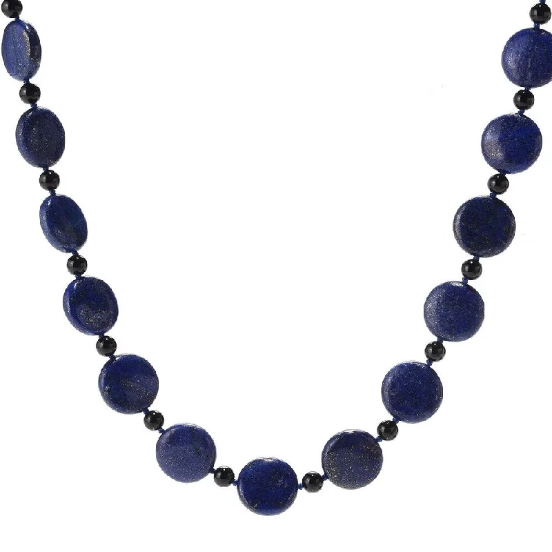 layered charm necklace-28" 18mm Coin Shaped Lapis & Onyx Beaded Endless Necklace