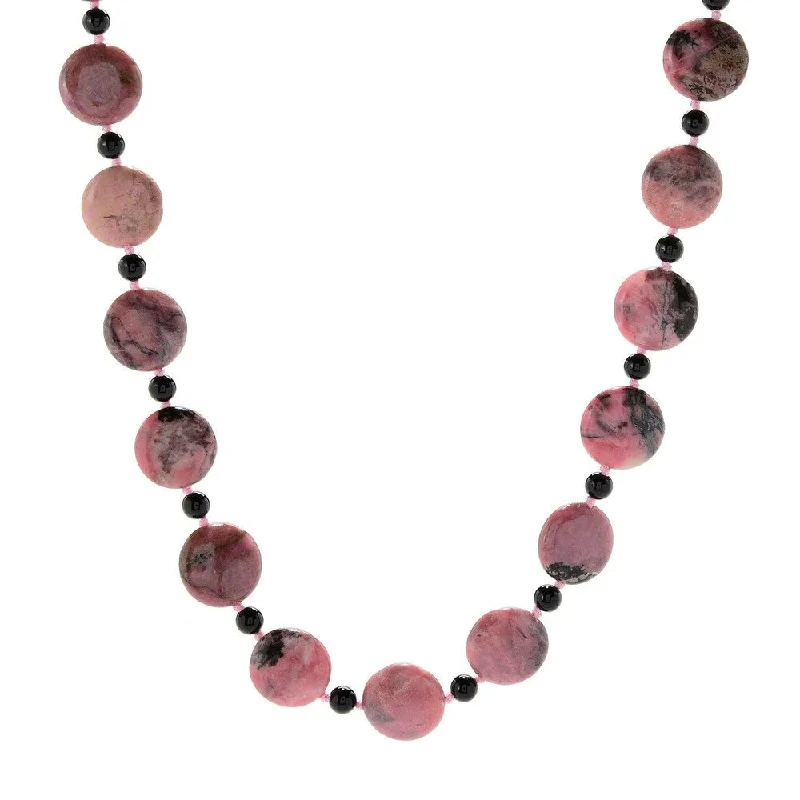 hand-crafted silver necklace-28" 18mm Coin Shaped Rhodonite & Onyx Beaded Endless Necklace