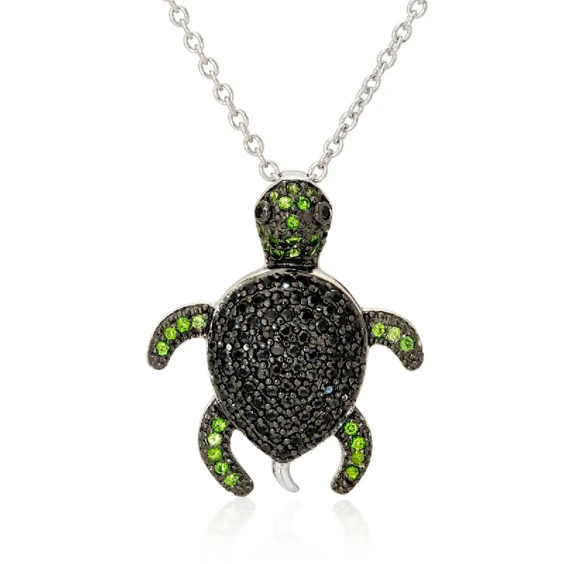 engraved pendant necklace for women-925 Sterling Silver Black Spinel and White Natural Zircon Turtle Pendant