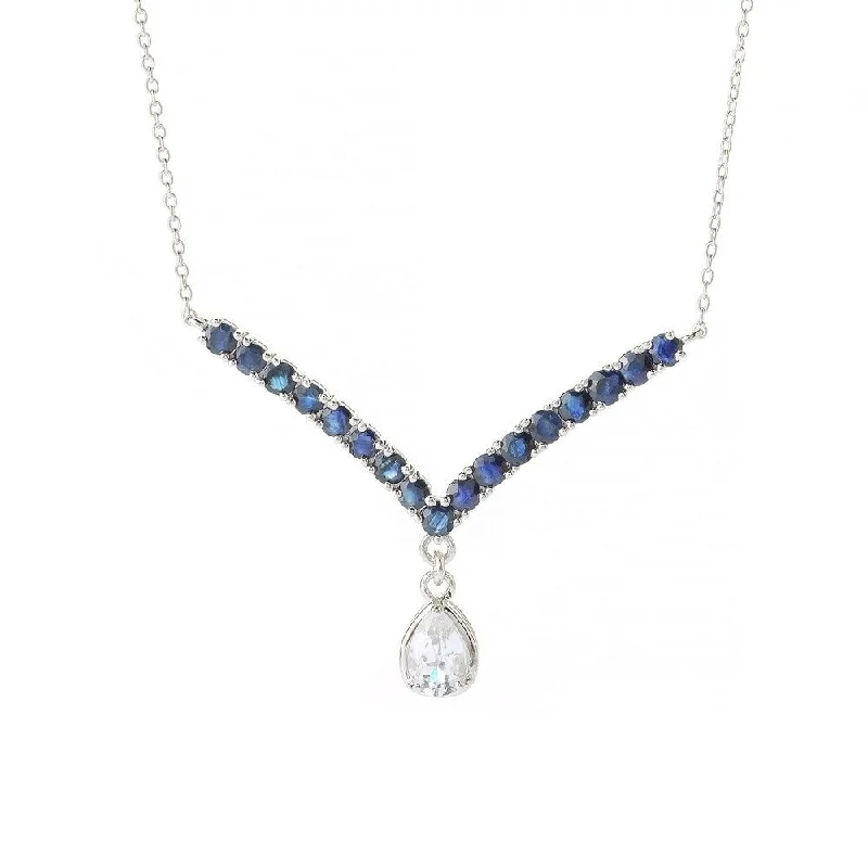 long gemstone necklace-925 Sterling Silver Blue Sapphire and White Topaz Y-Shaped Pendant