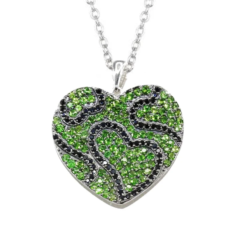 simple gold charm necklace-925 Sterling Silver Chrome Diopside and Black Spinel Heart Pendant