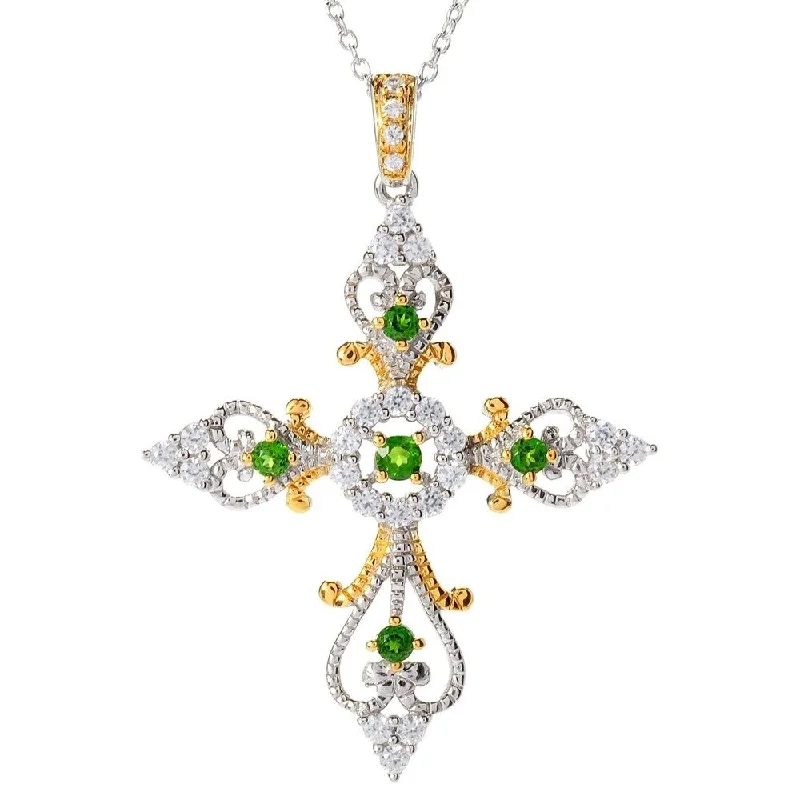 moonstone charm necklace-Chrome Diopside & White Zircon Cross Pendant w/ 18" Chain