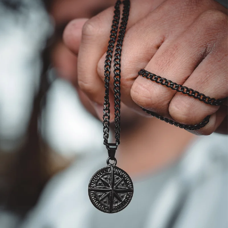 silver drop necklace-Compass Pendant - Black