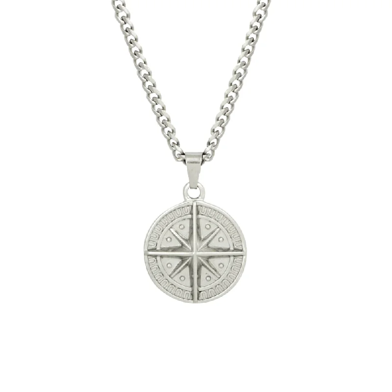 hand-crafted silver necklace-Compass Pendant & Cuban - Silver