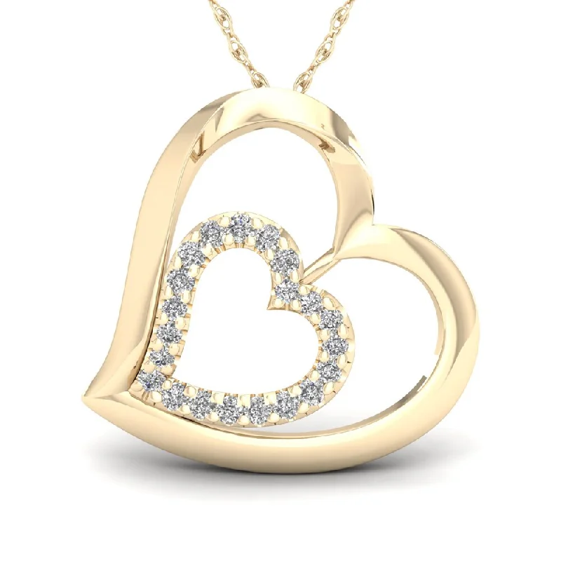 personalized engraving necklace-De Couer 10k Yellow Gold 1/8ct TDW Diamond Tilted Double Heart Necklace