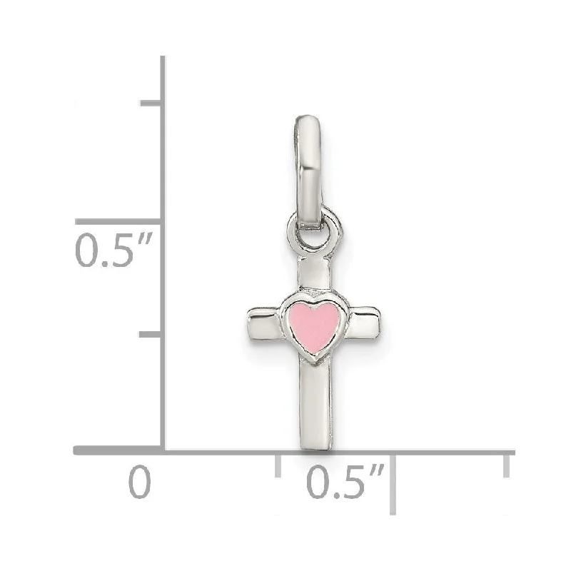 silver leaf charm necklace-Diamond2Deal 925 Sterling Silver Cross Pink Enamel Heart Pendant (L-18.61mm, W-7.42mm)