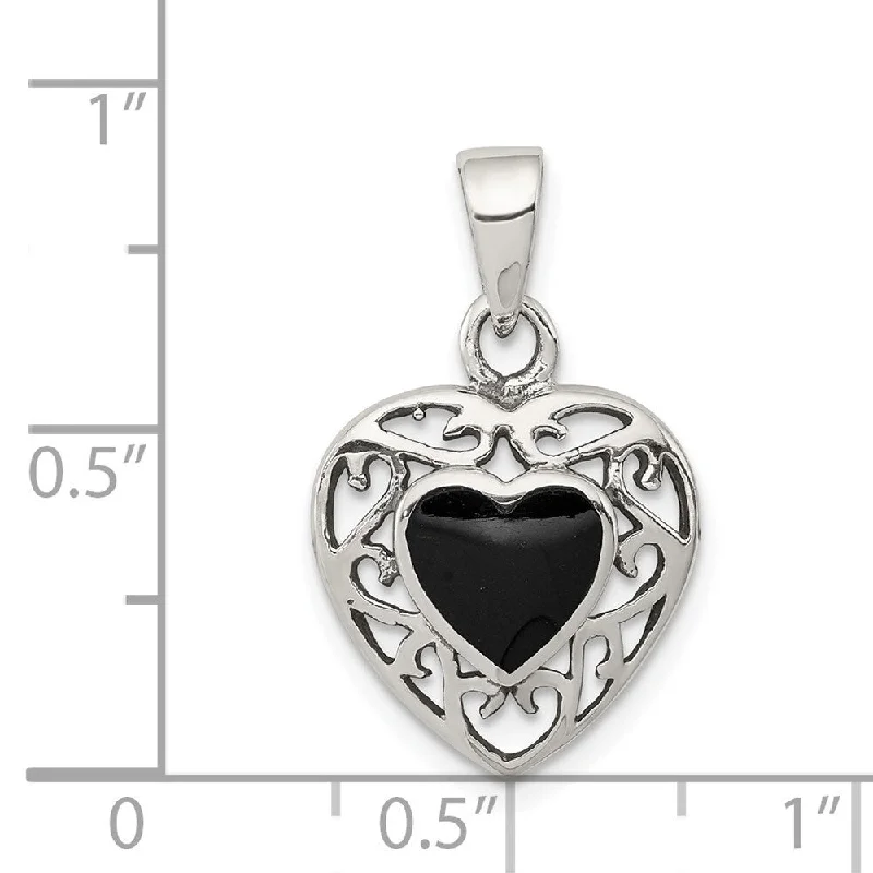 personalized family name necklace-Diamond2Deal 925 Sterling Silver Filigree Frame Onyx Heart Antiqued Heart Pendant