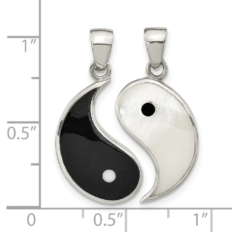 gold engraved necklace-Diamond2Deal 925 Sterling Silver Mother of Pearl and Black Resin Yin Yang 2 Piece Pendant (L-24.7mm, W-18.88mm)