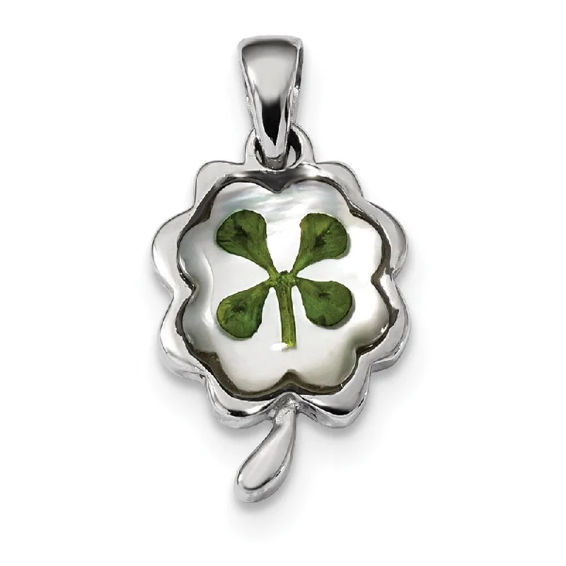 dainty gold bar necklace-Diamond2Deal 925 Sterling Silver Platinum Plated Leaf Clover Epoxy and Shell Pendant