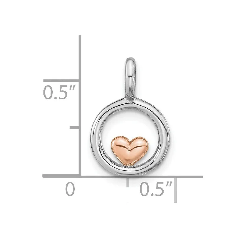 lucky coin pendant necklace-Diamond2Deal 925 Sterling Silver Rhodium-plated and Rose Gold-plated Circle w/Heart Pendant (L-15.7mm, W-10.25mm)