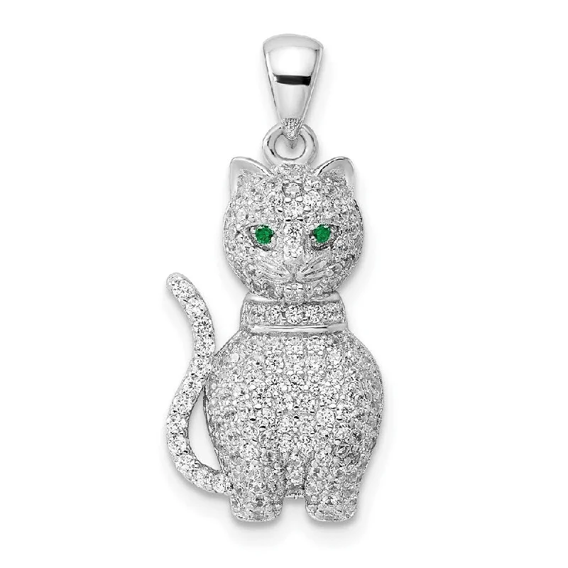 trendy heart pendant necklace-Diamond2Deal 925 Sterling Silver Rhodium-plated Green and White Cubic Zirconia Cat Pendant, (L-26.33mm, W-11.73mm)