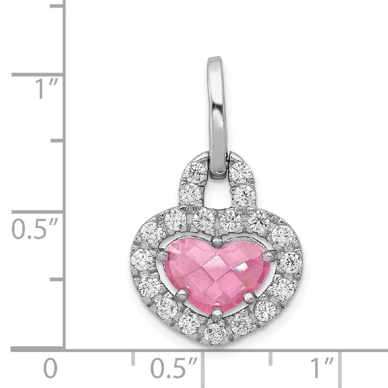 mother’s love necklace-Diamond2Deal 925 Sterling Silver Rhodium Plated Pink and Clear CZ Heart Pendant (L- 27 mm, W- 16 mm)